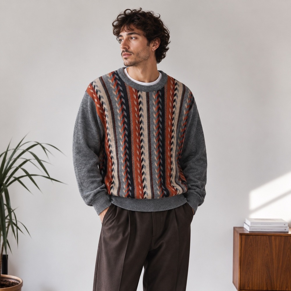 Cooper Gray Geometric Wool Blend Sweater, M